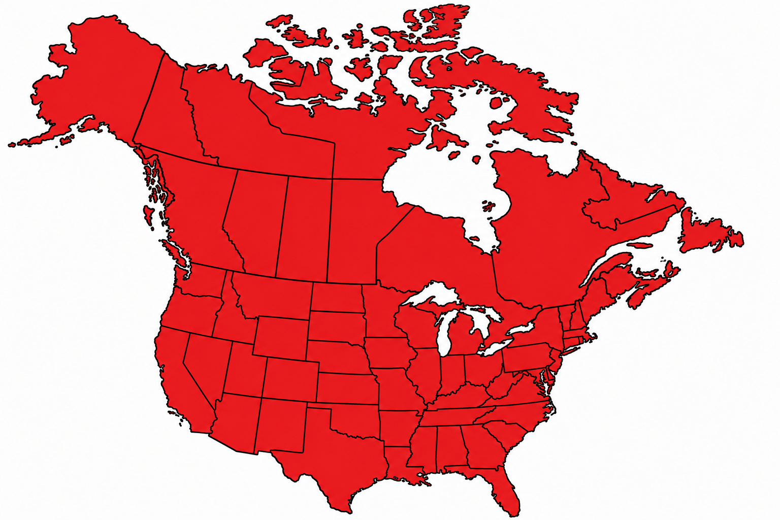 Map of United States and Canada with coverage areas highlighted